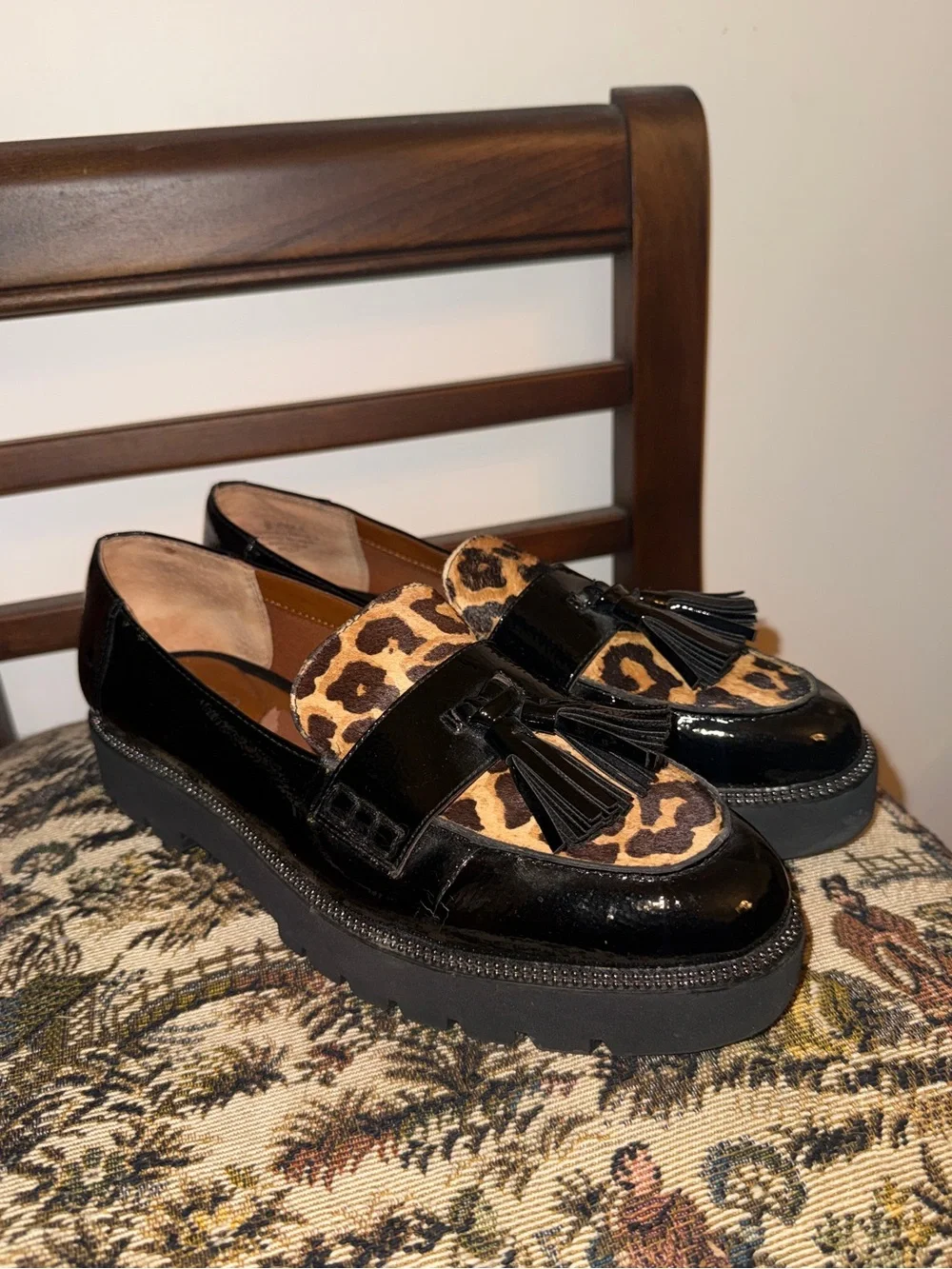 Franco Sarto Black Patent Leather Loafers with Leopard Print